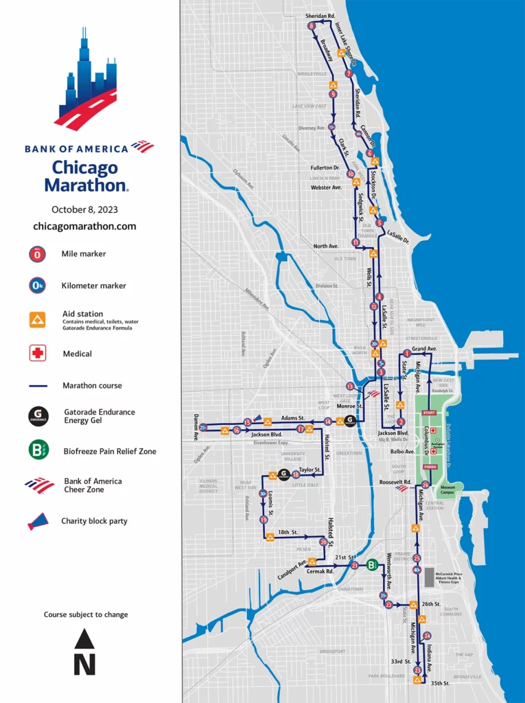 Chicago Marathon course map showing the 26.2-mile loop through 29 Chicago neighborhoods starting and finishing in Grant Park