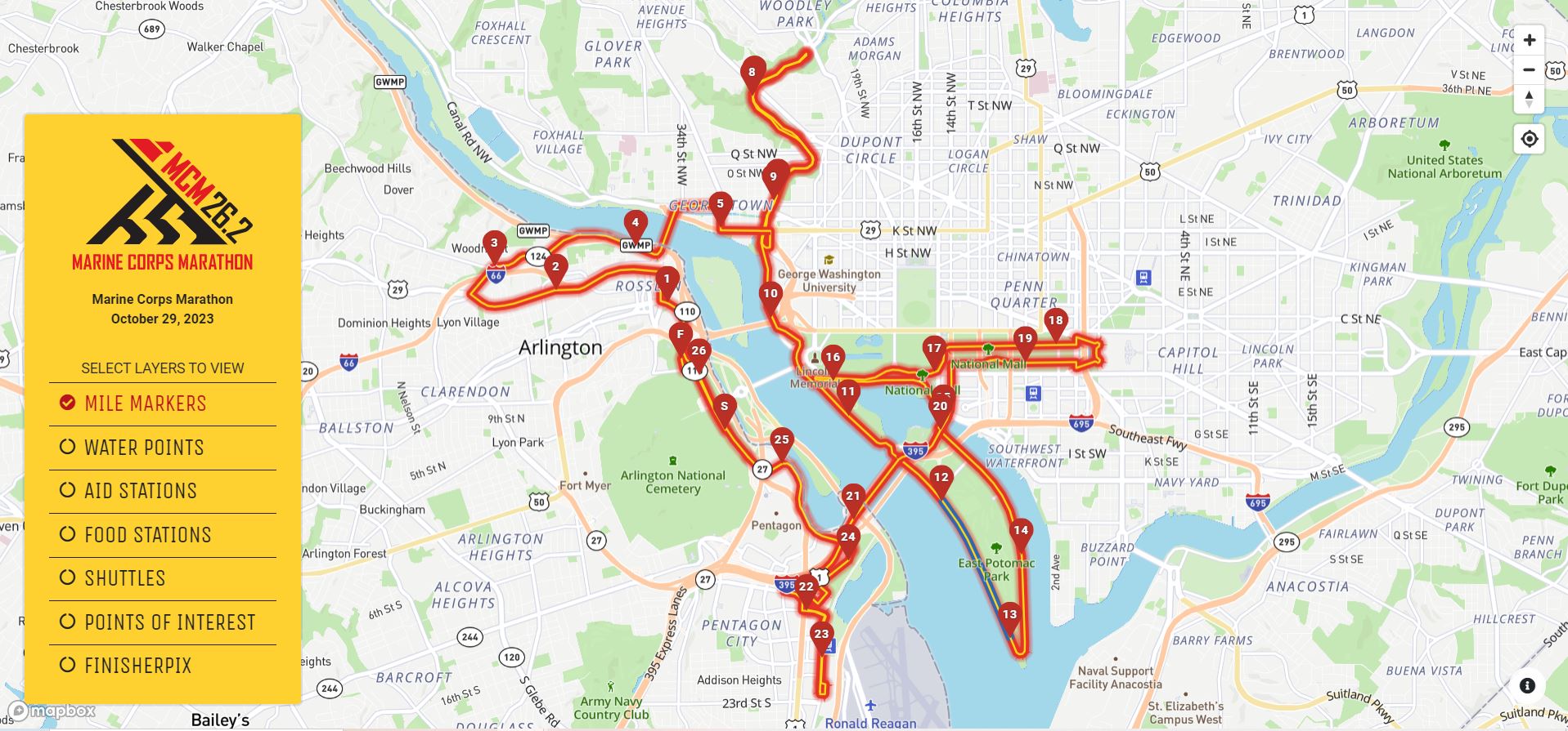 Marine Corps Marathon course map showing the route from the Pentagon through DC monuments and finishing at the Iwo Jima Memorial