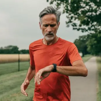 Runner checking heart rate zones on a GPS running watch during a training run